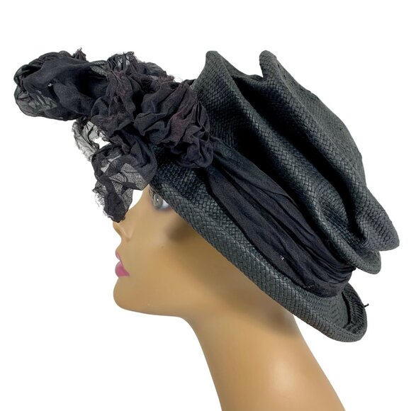 VTG Black Woven Raffia Floppy Cloche Hat Floral Chiffon Bow Accent By Zoey 90s - Picture 2 of 7